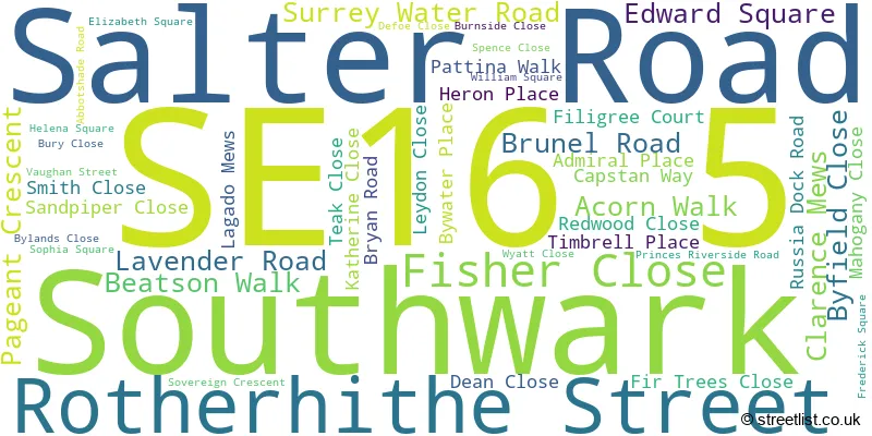 A word cloud for the SE16 5 postcode